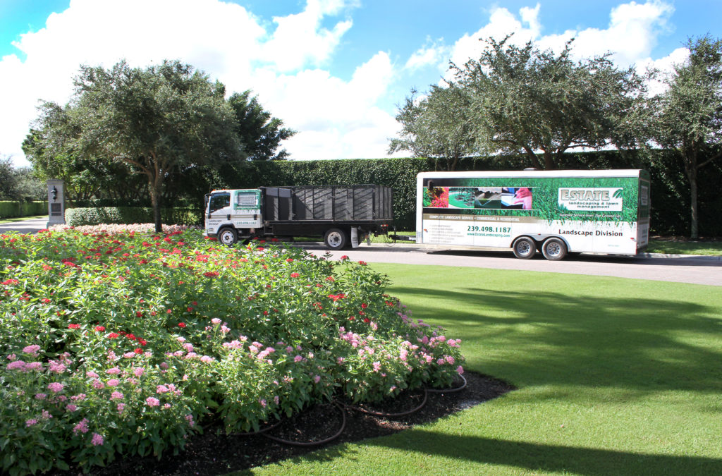 estate's truck in front of freshly watered landscape